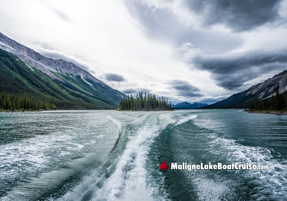 Island Landscape Behind Maligne Boat Wake
